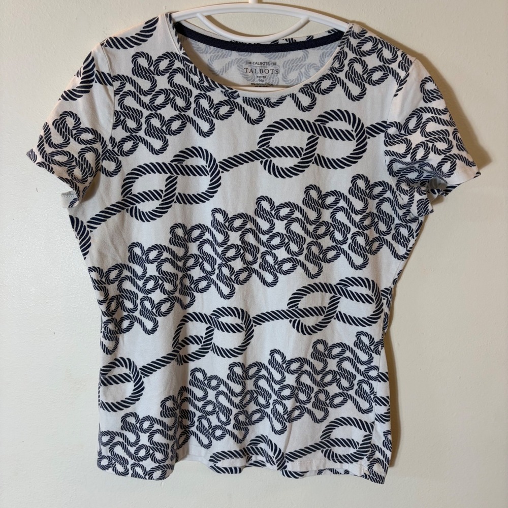 Talbots Nautical Rope Knot Tee Size Medium Petite White Navy Blue